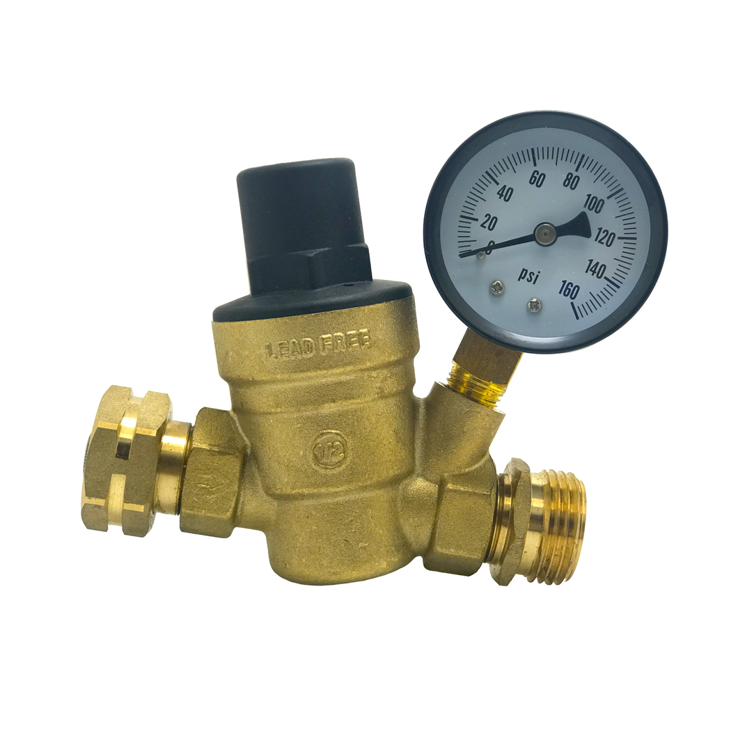 RV Water Pressure Regulator Valve, Brass Lead-Free 3/4"GHT Handle Adjustable Water Pressure Reducer Kit, With 160 PSI Gauge And Inlet Screened Filter For RV Camper, Travel Trailer, Or Garden (C