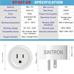 Sintron ST-027 US Smart Plug Socket - Works with iPhone Siri Amazon Alexa Google Home Google Assistant , no Hub required , Energy Saving A+++, compatible with Smart Phone/PC/Mac/Linux/Windows/iOS/Android - Sintron